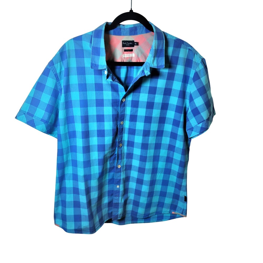 Paul Smith Jeans Mens XXL Blue Plaid Short Sleeve Organic Cotton Tailored Shirt